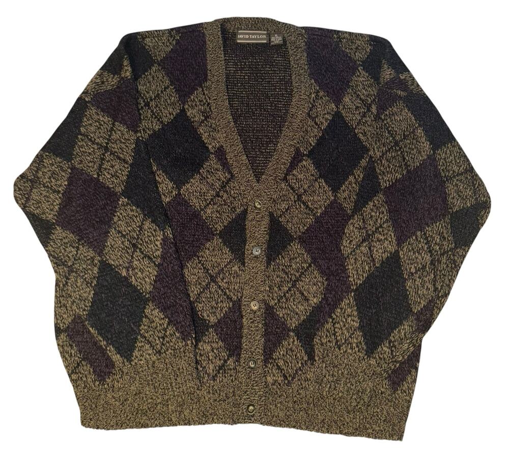 Vintage David Taylor Argyle Cardigan Sweater Men's XL Academia Old Money Club